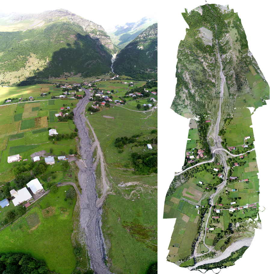 Drone images of debris flow in Lendjeri (left) and Zabeshi (right)