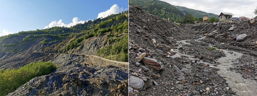 'Black Channel' (left) and debris flow in Zabeshi (right)